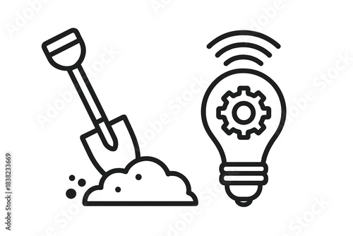 Shovel digging soil next to lightbulb with gear icon for innovation