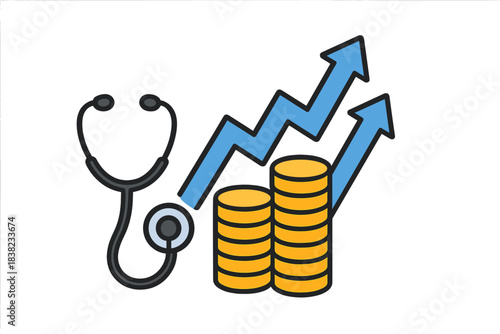 Stethoscope and rising coin stacks with upward trend arrow