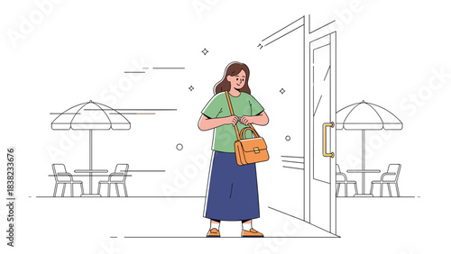 Young hispanic female exits building carrying orange bag in outdoor cafe setting