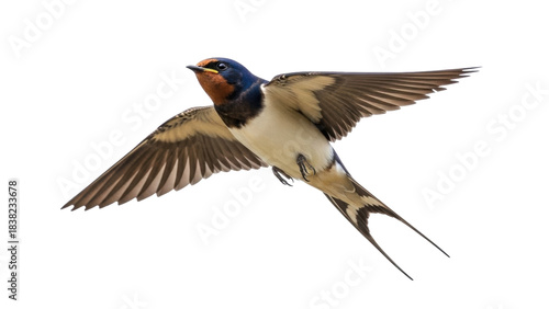 Photos Isolated Barn Swallow flying with wings spread wide in studio shot with no backg