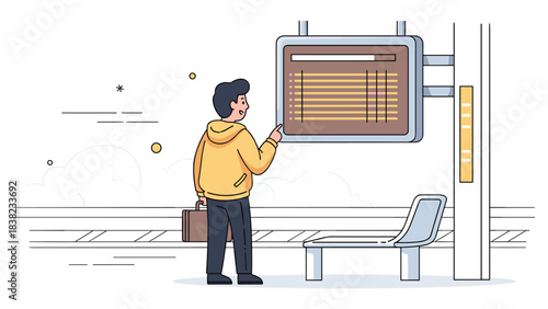 Young caucasian male checking train schedule at station platform