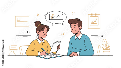 Young asian female presenting business strategy to young caucasian male colleague