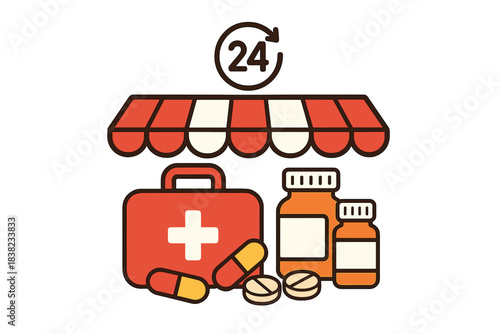 Pharmacy storefront with 24 hour service and medical supplies icon