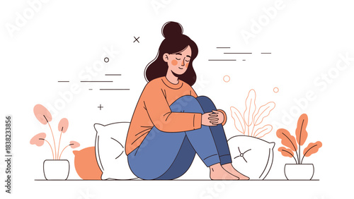 Young caucasian female sitting comfortably on cushions in relaxed pose