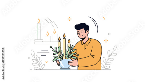 Young caucasian male arranging candles in a plant pot illustration