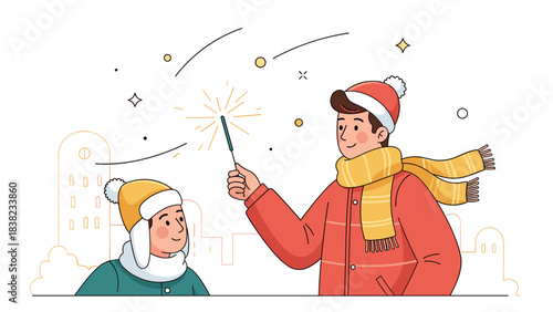 Happy caucasian family celebrating winter holiday with sparklers outdoors