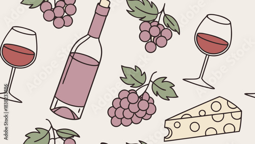 A delightful arrangement of purple grapes, red wine glasses, and cheese, embodying a sophisticated wine and cheese pairing theme.