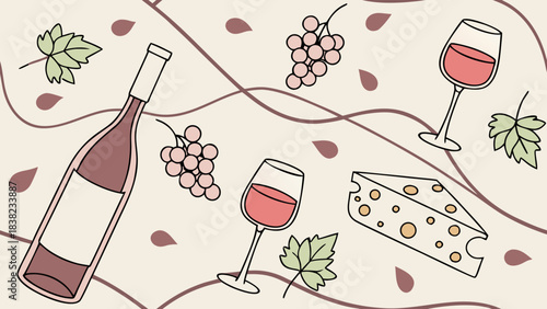 Artistic illustration featuring red wine, grapes, and cheese on a cream background, evoking a cozy and elegant atmosphere.