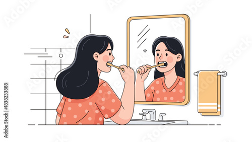 Asian young female brushing teeth in bathroom mirror reflection