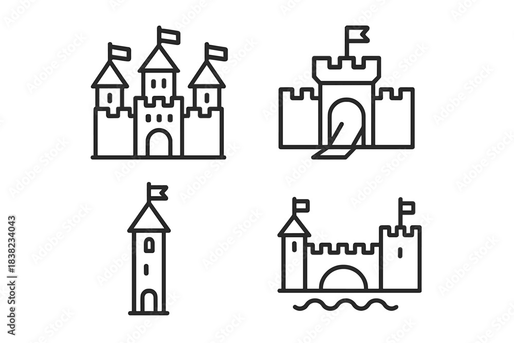 Fototapeta premium Medieval castle and fortress outline icons featuring various architectural details