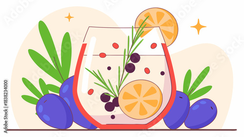 A refreshing blue cocktail garnished with lemon and rosemary, served in an elegant glass.