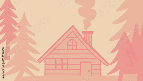A cozy pink cabin nestled among stylized trees, exuding warmth and comfort.