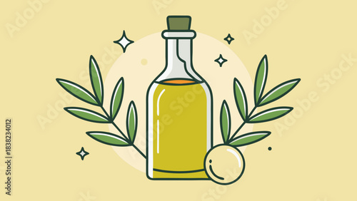 A vibrant illustration of a glass bottle of olive oil surrounded by green olive leaves.