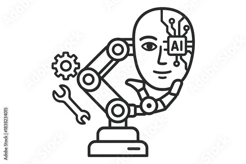 Futuristic robot head with integrated artificial intelligence chip and repair tools