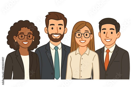 Four diverse business professionals in formal attire smiling together