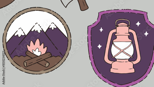 Colorful camping badges featuring a campfire and lantern designs, perfect for outdoor enthusiasts.