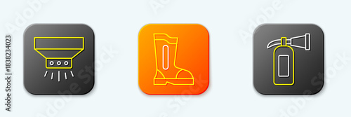 Set line Fire sprinkler system, boots and extinguisher icon. Vector