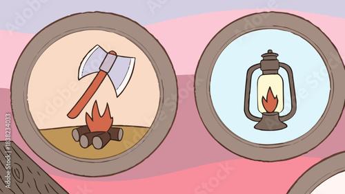 Illustration showing an axe next to a campfire and an oil lantern on a pastel background.