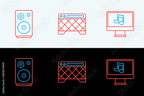 Set line Computer with music note, Stereo speaker and Guitar amplifier icon. Vector