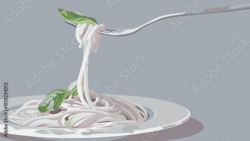 A fork twirls spaghetti garnished with fresh basil leaves on a white plate against a subtle gray backdrop.