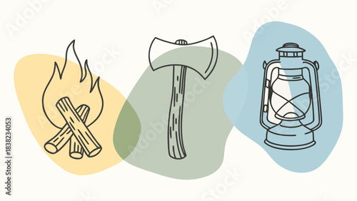 A cozy campfire scene featuring logs, an axe, and a lantern, evoking outdoor adventures and warmth.