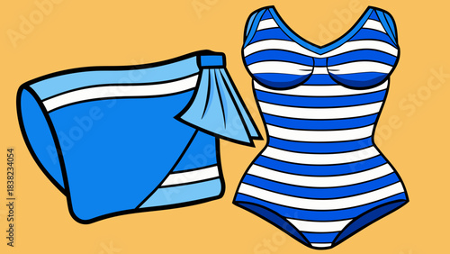 Stylish blue striped swimsuit and matching wrap, perfect for summer pool or beach outings.