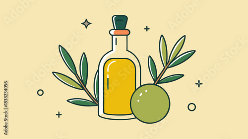 A vibrant illustration of a bottle of olive oil surrounded by olive branches and a green olive.