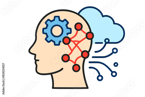 Human head profile with internal gear mechanism and digital network connection