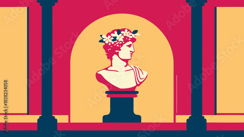 An artistic illustration of a classical bust adorned with flowers against a vibrant backdrop.