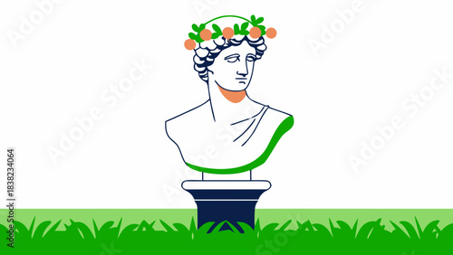 Stylized sculpture of a young male figure adorned with a floral crown, set in a grassy environment.