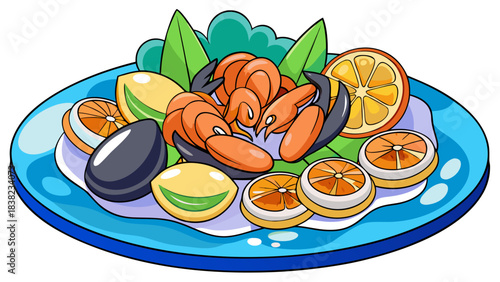 A vibrant seafood platter featuring shrimp, crab, and lemon slices on a decorative blue plate.