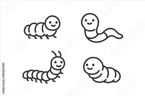 Four cute cartoon caterpillar and worm icons in outline style