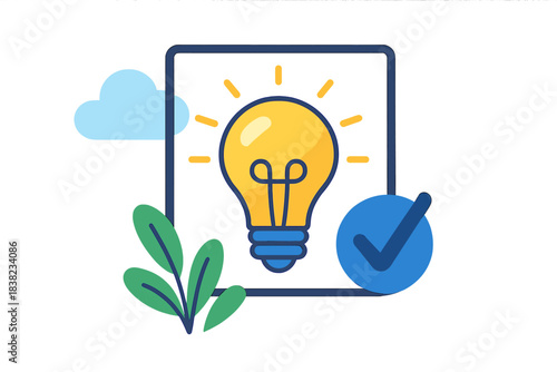 Glowing light bulb with check mark and natural elements concept