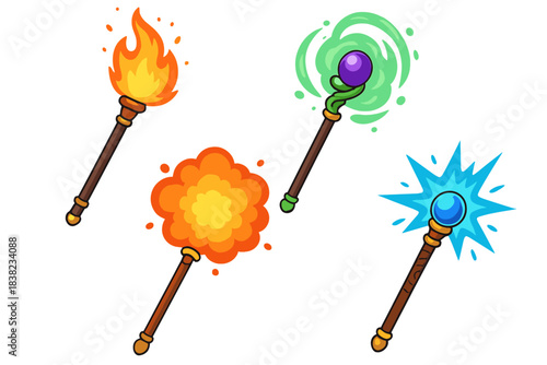 Set of four magic wands with fire, nature, and ice elemental effects icons