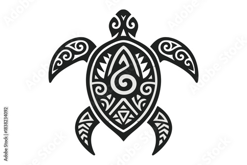 Black and white tribal sea turtle design with Polynesian style patterns