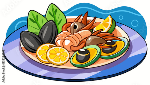 A colorful seafood platter featuring shrimp, mussels, and citrus slices, perfect for a summer feast.