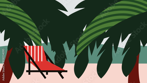 A vibrant red deck chair nestled among lush green palm leaves, inviting relaxation on a serene beach.