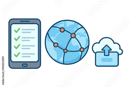 Mobile checklist synchronization across global network cloud upload concept