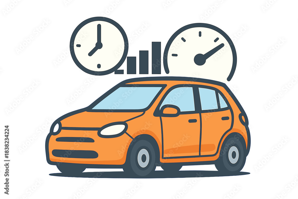 Naklejka premium Orange hatchback car displaying speed and time performance metrics