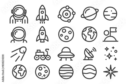 Simple outline icons for space exploration and astronomy concepts