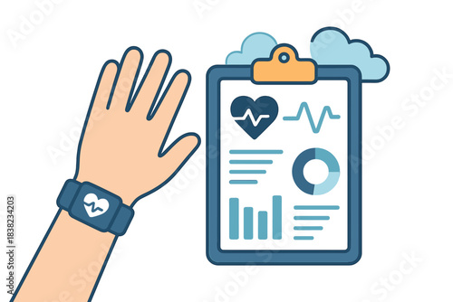 Wearable fitness tracker data monitoring on medical report clipboard