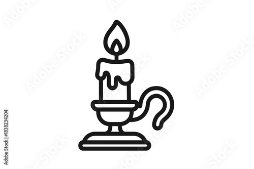 Simple outline icon of burning candle in antique holder with dripping wax
