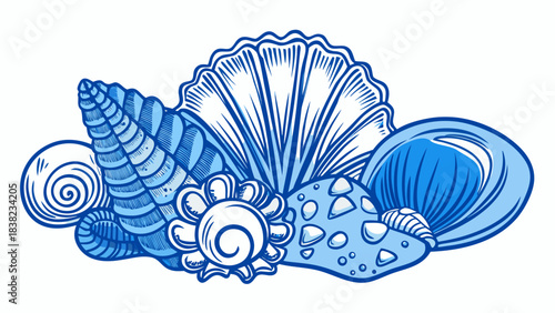 A vibrant collection of various seashells in shades of blue, showcasing nature's intricate designs and textures.