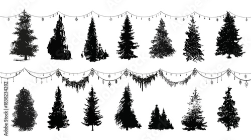 Set of diverse Christmas tree and fir silhouettes with decorative festive garlands and string lights for winter holiday designs and decorations