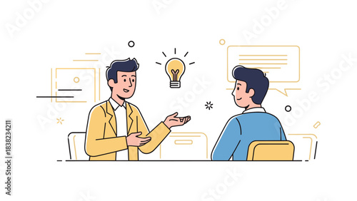 Two young caucasian males discussing business ideas in office setting with light bulb symbol