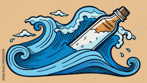 A vibrant illustration of a bottle floating on ocean waves, representing hope and messages in a bottle.