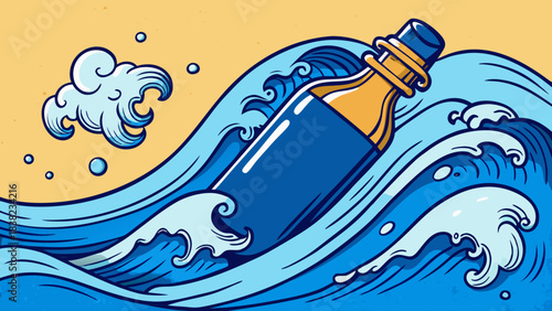 A vibrant illustration of a bottle floating in dynamic ocean waves, featuring bold colors and playful details.
