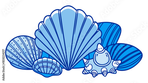 A collection of blue seashells featuring various shapes and sizes, creating a serene coastal ambiance.