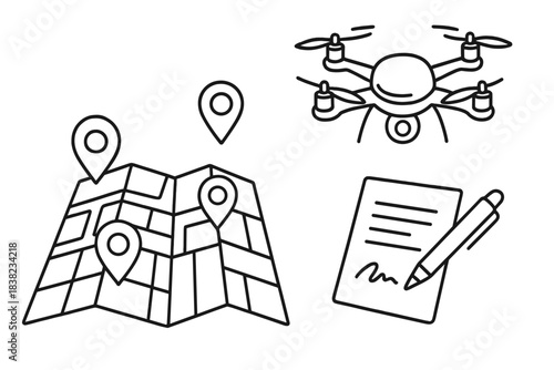 Outline icons set for drone mapping and aerial location planning