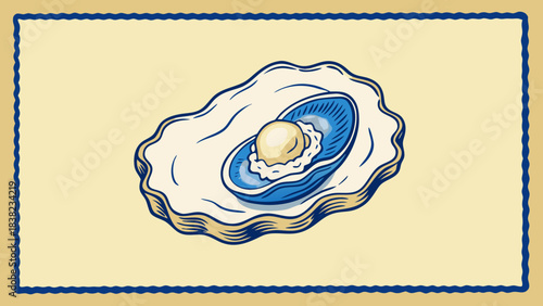 A whimsical illustration of an oyster topped with a pearl, set against a soft cream background.